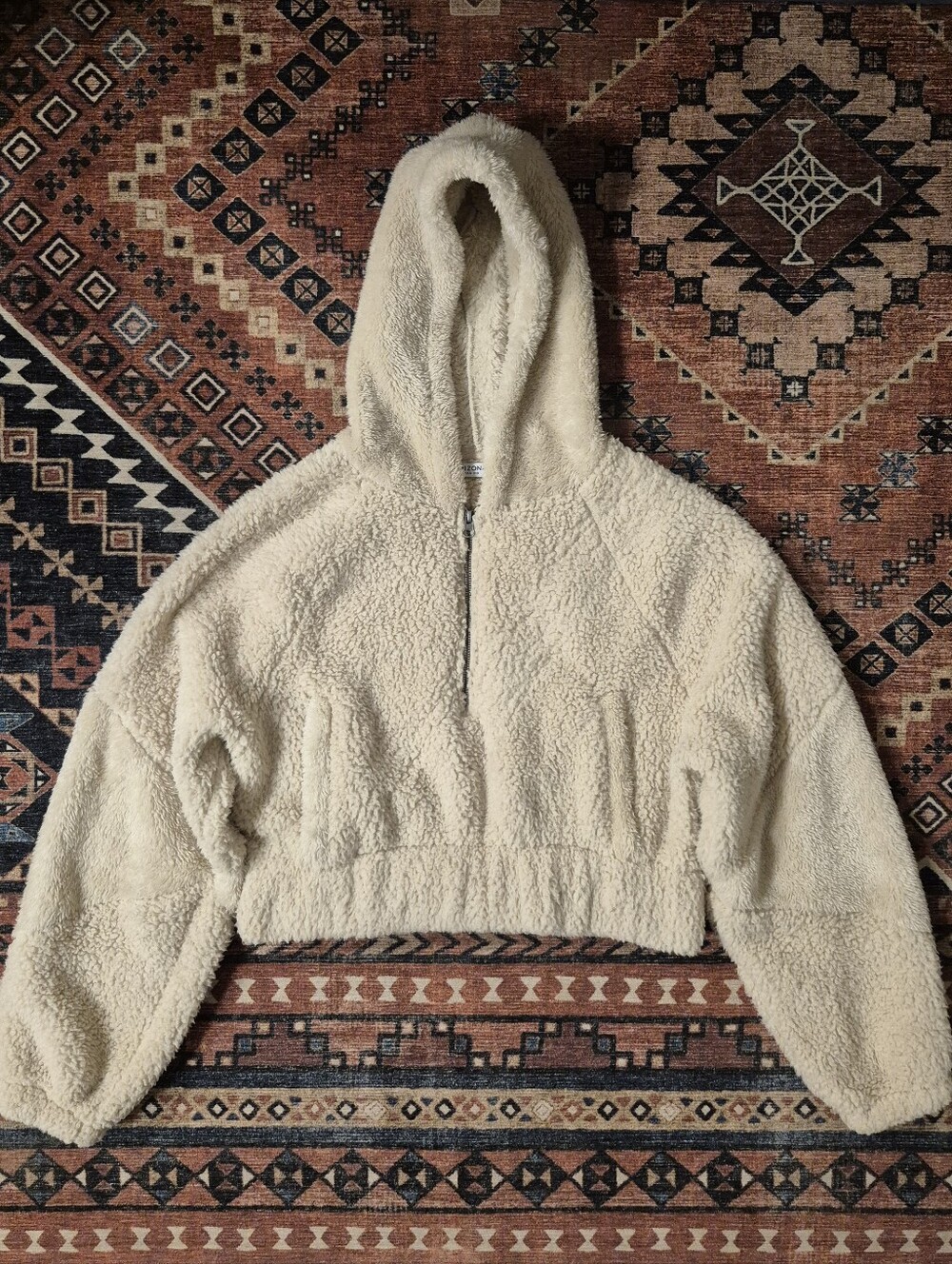 Arizona Cream Teddy Sherpa Paneled Cropped Quarter Zip Hoodie M